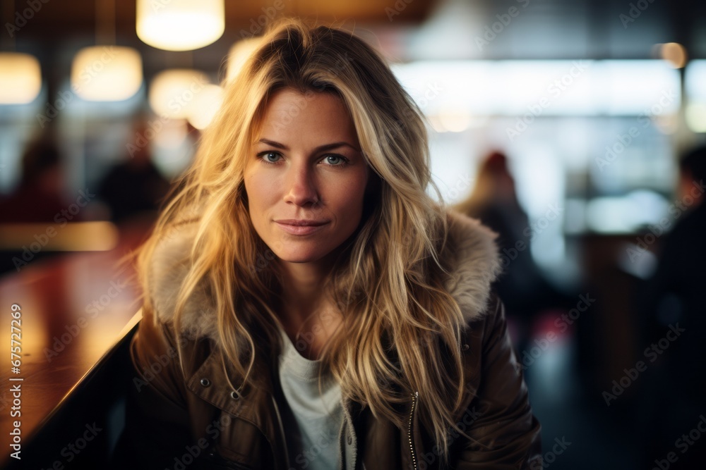 Portrait of a beautiful woman with long blond hair in a cafe