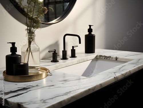 A white marble sink with bold black veins a black soap dispenser and a high mirror. Generative AI