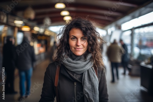 Portrait of a beautiful young woman with long curly hair in a train station