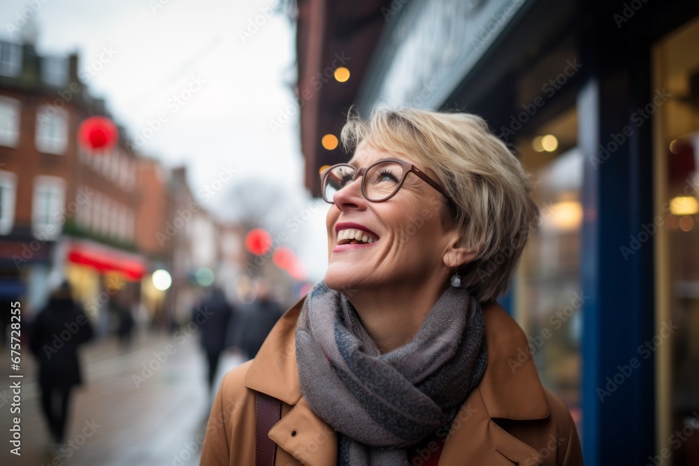 Portrait of happy senior woman walking in the city street. Attractive middle-aged female in eyeglasses.
