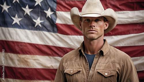 Texas Cowboy male portrait standing by American flag background with copy space. Proud western US United states of America citizen photo