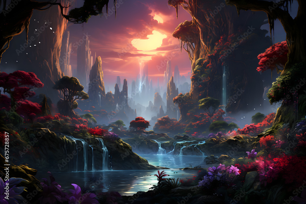 Digital illustration of a majestic rainbow waterfall in a lush and magical landscape