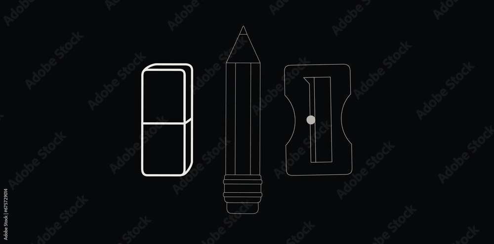 School Supplies Set in Thin Line Style, Pencil, Sharpener And Eraser Icons On Black Background. School Supplies Set in Thin Line Style, Pencil, Sharpener And Eraser Icons On Black Background.