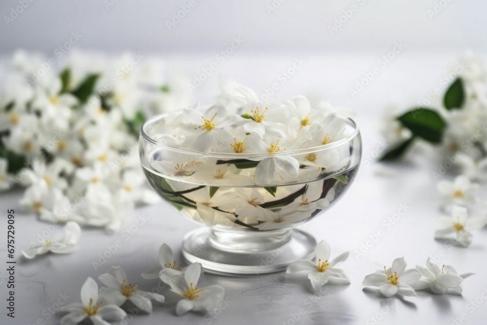 Jasmine flowers in glass bowl with water. Fresh aromatic blossom jasmine flowers spread on white table. Generate ai Jasmine flowers in glass bowl with water. Fresh aromatic blossom jasmine flowers spread on white table. Generate ai