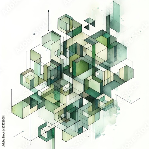 Abstract green cubes watercolor concept illustration square isometric