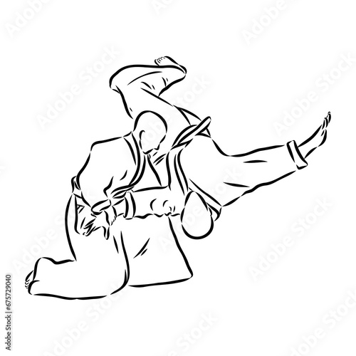 Aikido combat between athletes, stylized vector illustration
