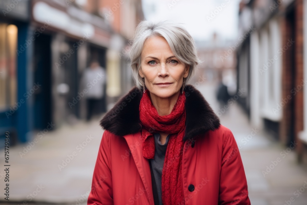 Portrait of a middle-aged woman in a red coat on a city street