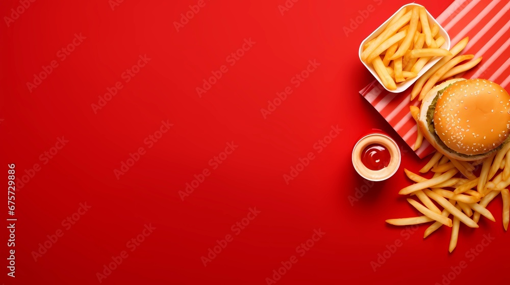 top view of fast food on red background with copy space, Generative AI - obrazy, fototapety, plakaty 
