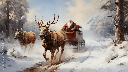A snowy landscape with a family of reindeer pulling a sleigh through the air, guided by a jolly Santa Claus - Ai © Impress Designers