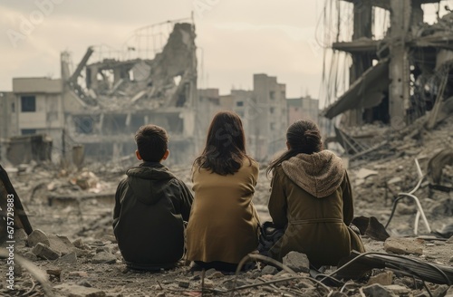 Children and woman sits on the ruins of his ruined home because of the war on city