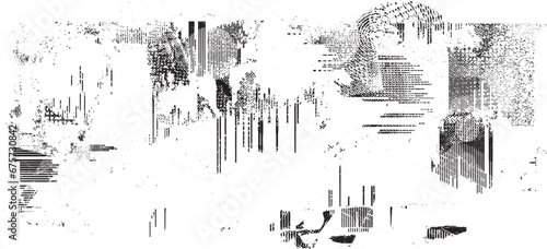 Glitch distorted grange shape . Noise grungy logo . Trendy defect error shapes . Glitched frame .Grunge textured . Distressed effect .Vector shapes with a halftone dots screen print texture.