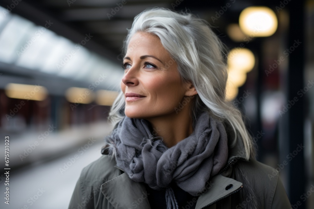 Portrait of beautiful middle-aged woman in winter coat and scarf