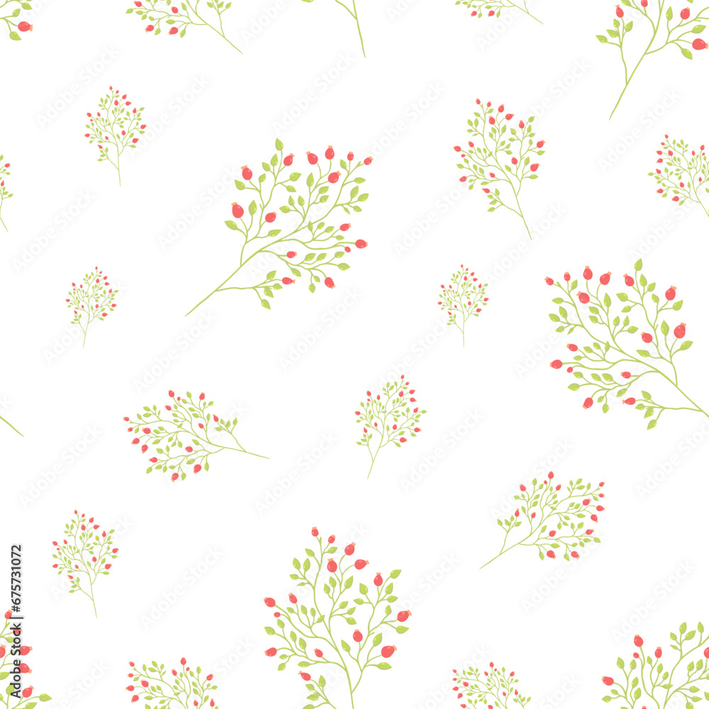 Red dog rose, brier, tiny genuine flowers vector seamless pattern for International Womens Day, March 8th, floral background. wallpaper, paper wrapping