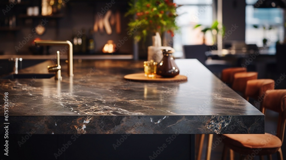 the background gracefully softened with bokeh,  interior banner illustration, Contemporary dark marble table top or kitchen island in a stylish kitchen,  restaurant in the evening
