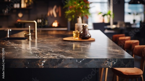 the background gracefully softened with bokeh, interior banner illustration, Contemporary dark marble table top or kitchen island in a stylish kitchen, restaurant in the evening