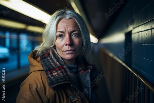 Portrait of sad senior woman standing in underground passage, looking at camera