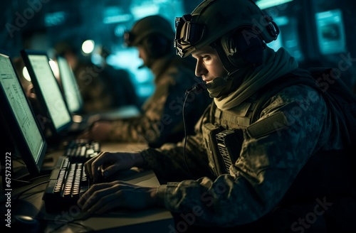 Military team defuses computer technology. Military digital operation for enemy deactivation. Generate ai