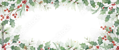 Watercolor Christmas background with green leaves and holly berries. Winter t...