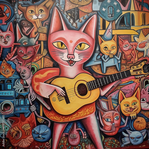 群衆の前でギターを弾くピンクの猫。アートキャット。シュール。ポップ。