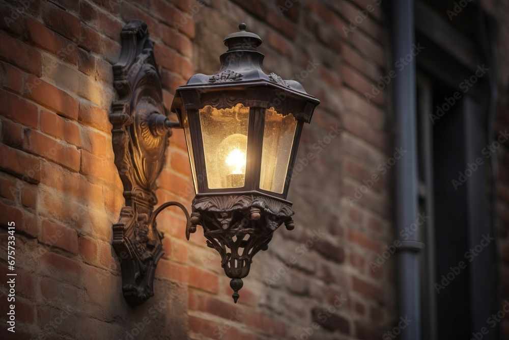 Lamp lightning on old brick wall. Glowing ancient streetlight on dark boulevard. Generate ai