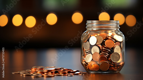 Coins in a glass jar with bokeh background. Saving money concept.