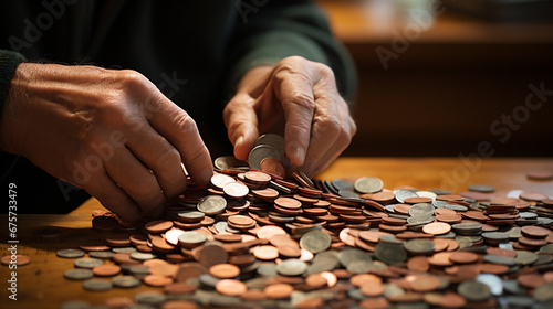 Old man counting coins on wooden table in the living room at home
