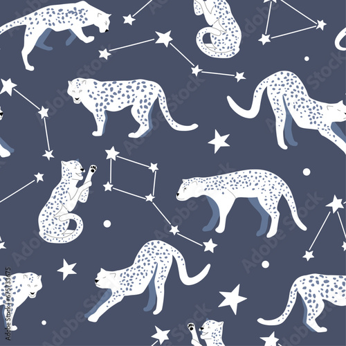 Seamless pattern with wild cats against the background of the starry sky. Fantasy leopards in space. Abstract vector graphics.
