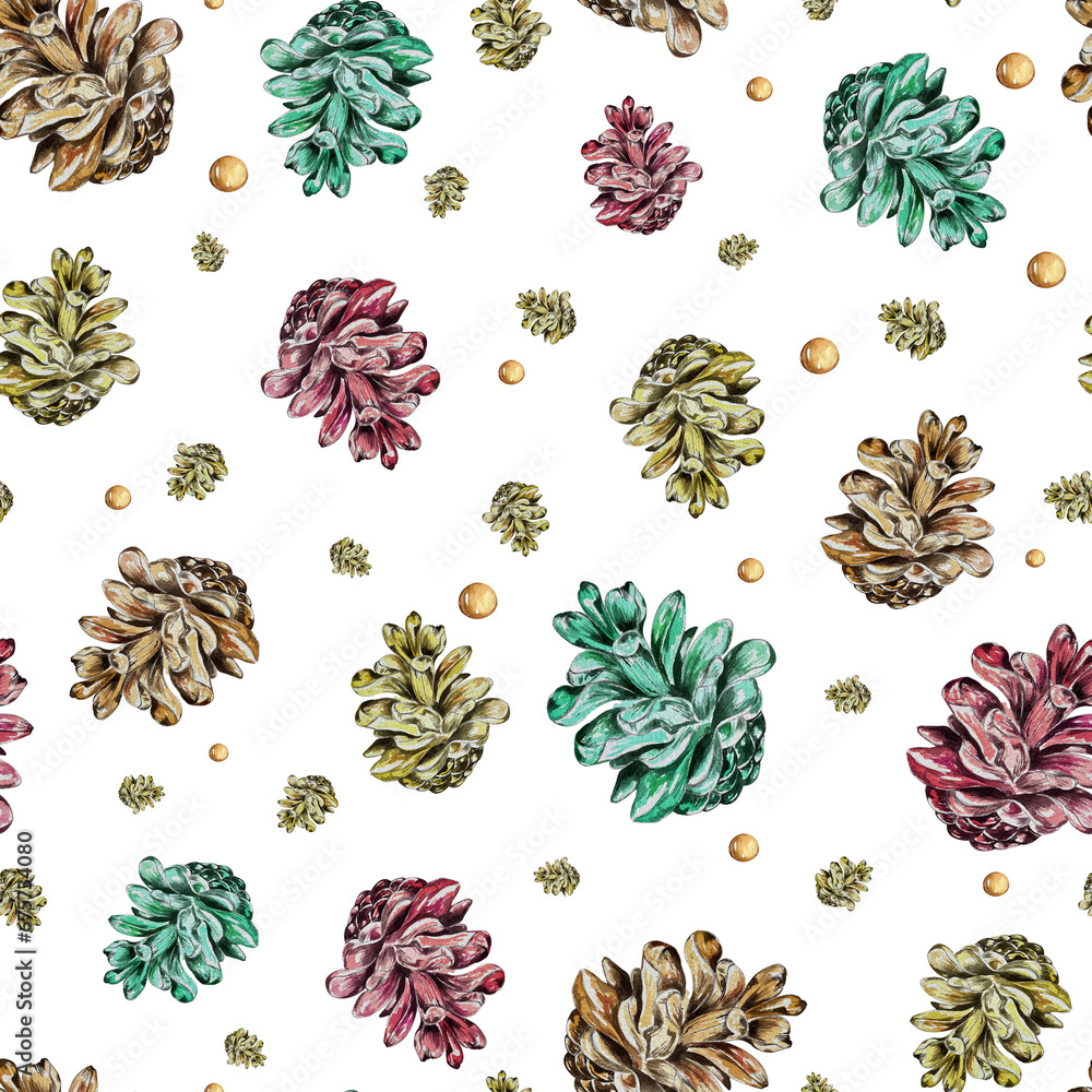 Watercolor Christmas seamless pattern with cones. Hand painted winter holiday plants isolated on white background. Floral illustration for design, print, fabric or background