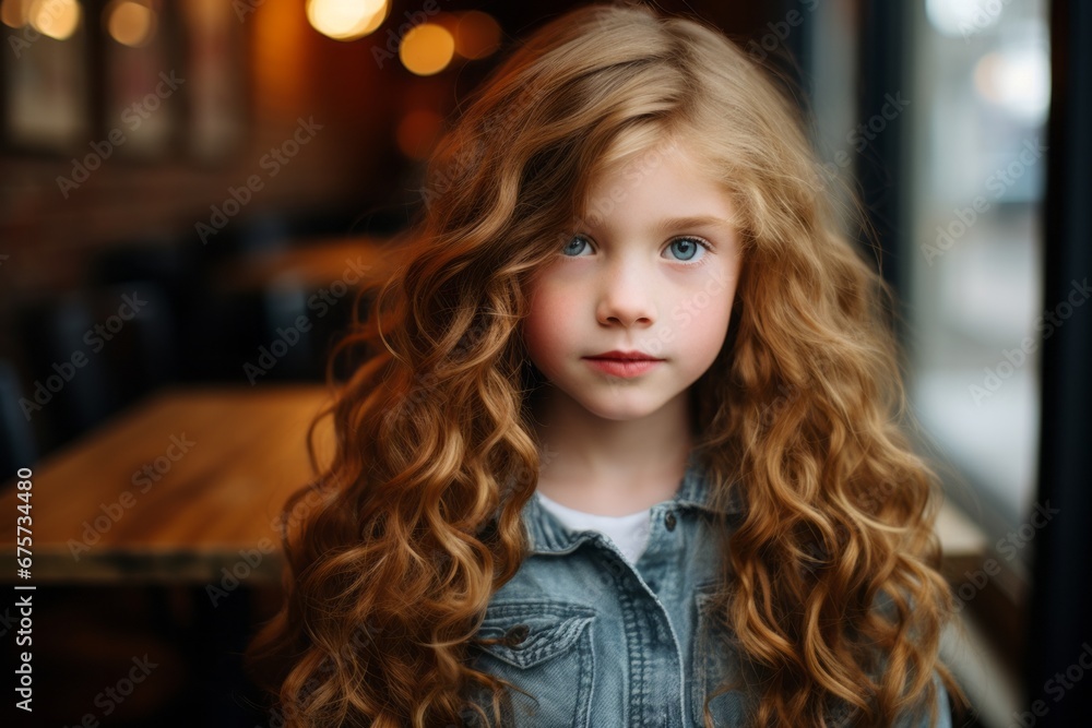 Portrait of a cute little girl with long curly hair in a cafe. Portrait of a cute little girl with long curly hair in a cafe.