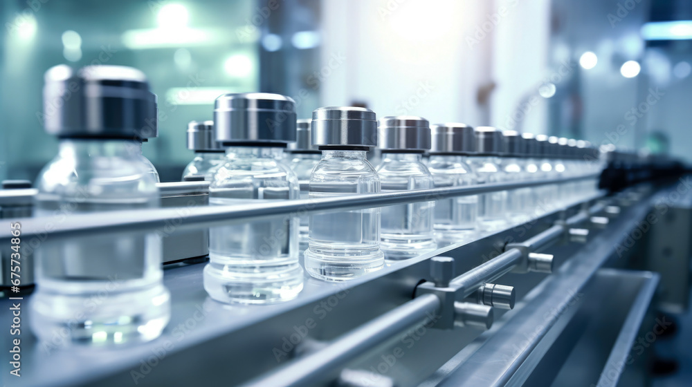 A line of bottles in a production line. A line of bottles in a production line.