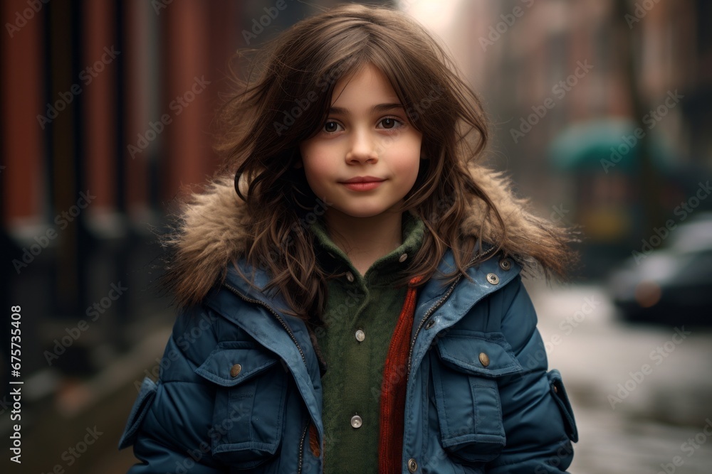 Portrait of a cute little girl in a blue jacket on the street Portrait of a cute little girl in a blue jacket on the street