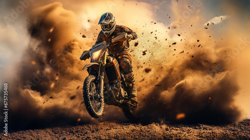 Dirt bike rider racing down a dirt track. Motocross rider in action. © Yuwarin