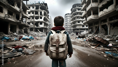 A young boy with a backpack stands facing a devastated urban landscape, symbolizing hope and resilience