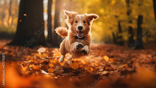 Dog jumping through autumn leaves