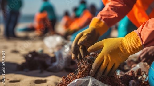 Close-up of gloved hands of volunteers collecting trash on the beach  large amounts of trash in the sea.