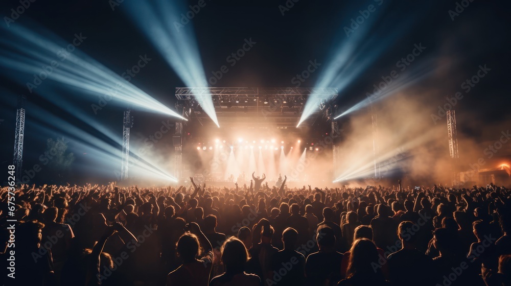 A music festival where the audience dances happily to the music of the artists on stage. A music festival where the audience dances happily to the music of the artists on stage.