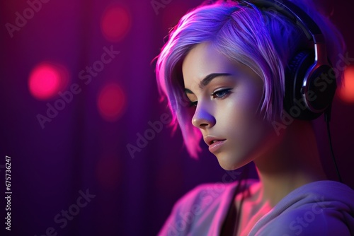 Beautiful female DJ wearing headphones enjoying listening to music in light color studio.