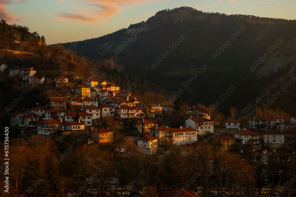 Goynuk District of Bolu, Turkey. The Victory Tower with Goynuk view.