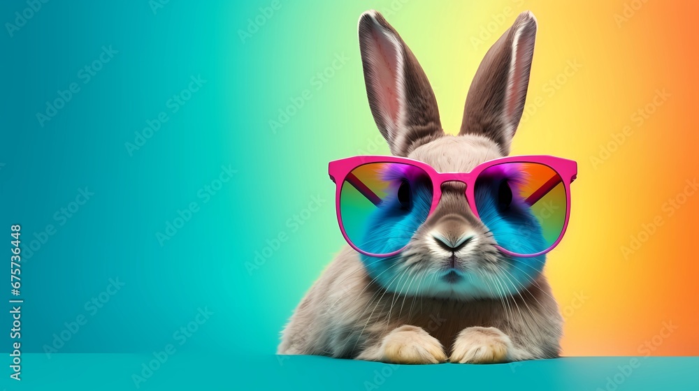 beautiful bunny with sunglasses on colorful background, Generative AI