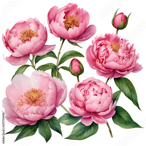 Pink Peonies Flowers on white isolated background. Illustration