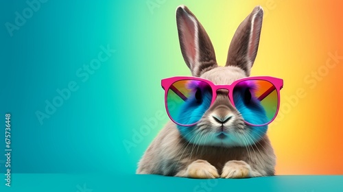 beautiful bunny with sunglasses on colorful background, Generative AI photo
