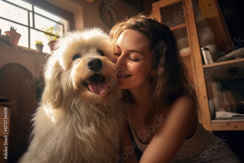 Young woman having fun while her dog is kissing her at home. photo