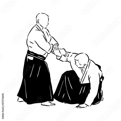 Aikido combat between athletes, stylized vector illustration