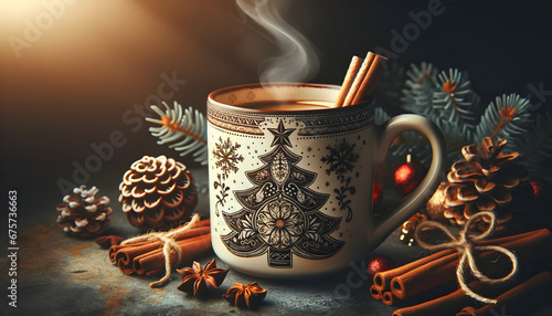 A cozy Christmas mug with a hot drink, surrounded by pine branches, cinnamon sticks, and pine cones, invoking a warm holiday spirit