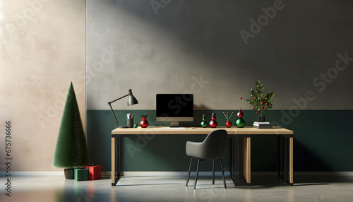 A modern office desk setup with Christmas decorations, including a small tree, ornaments, and gifts, against a textured wall.