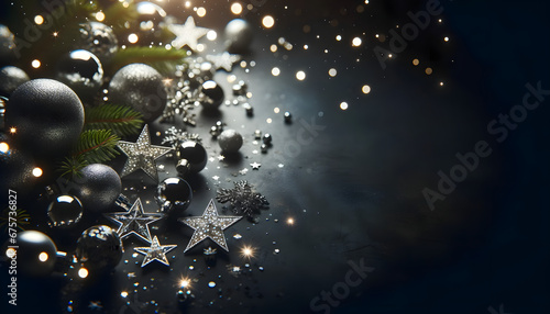 A collection of elegant Christmas ornaments and glittering stars spread across a dark background, illuminated by twinkling lights