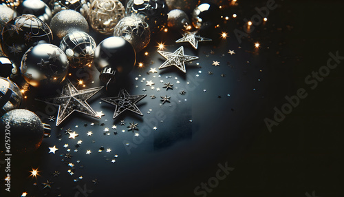 A collection of elegant Christmas ornaments and glittering stars spread across a dark background, illuminated by twinkling lights