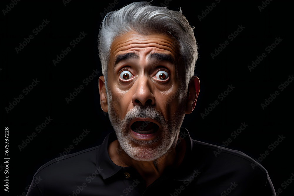Surprised senior Latin American man on black background. Neural network generated image. Not based on any actual person or scene.