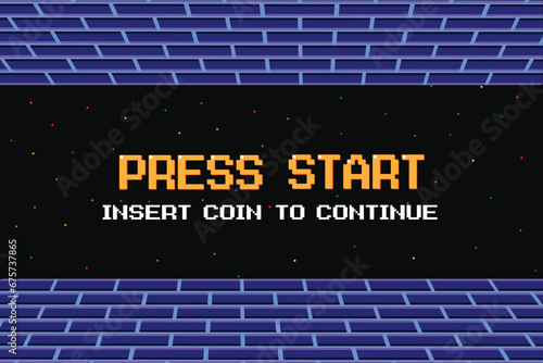 PRESS START INSERT A COIN TO CONTINUE .pixel art .8 bit game. retro game. for game assets in vector illustrations.