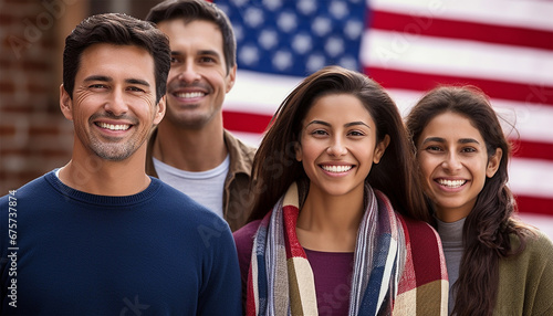 Hispanic,Mexican happy proud family standing by American flag. American immigration and United States refugee crisis concept as people on a border wall with a US flag as a social issue on refugees  photo